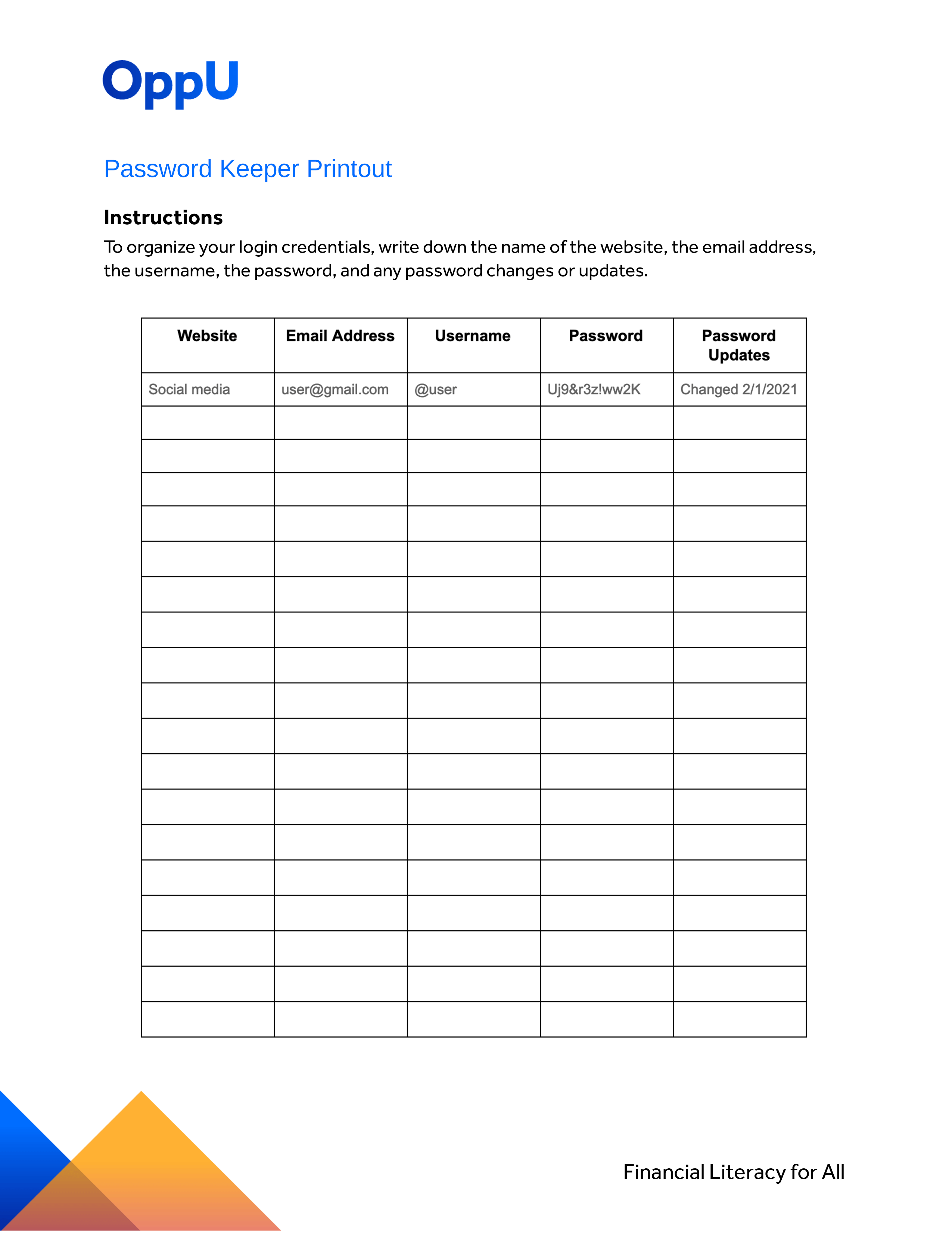 Password Keeper Worksheet